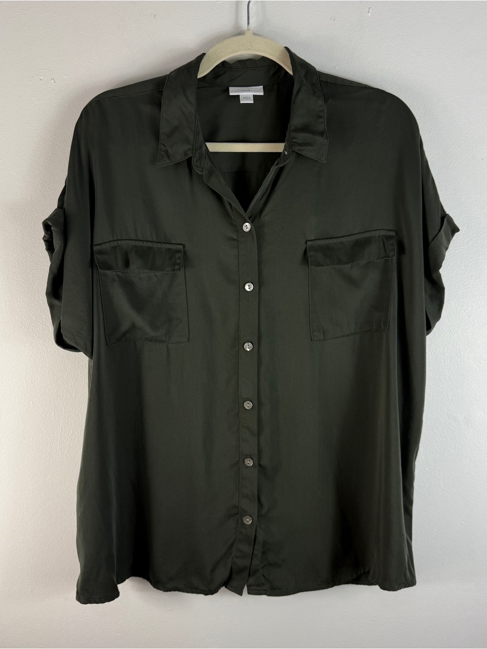 J. Jill Womens L Green Button Up Shirt Short Sleeve Collared Modal Oversized